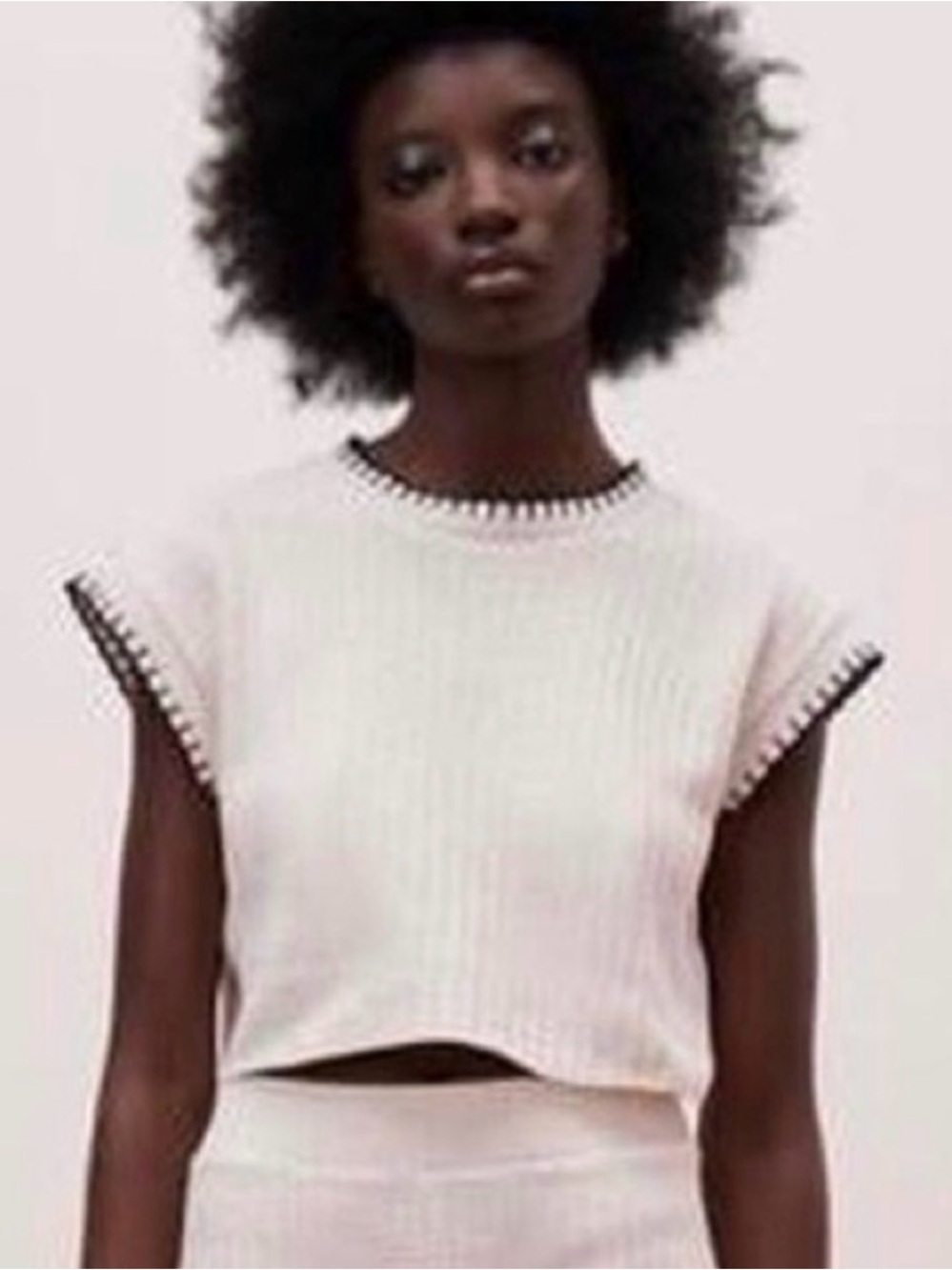 Zara Cream Ribbed Crop Top with Black Contrast Trim